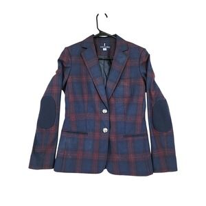 Tommy Hilfiger Blazer 2 Womens Navy Blue Plaid Elbow Patch Crest Button Preppy